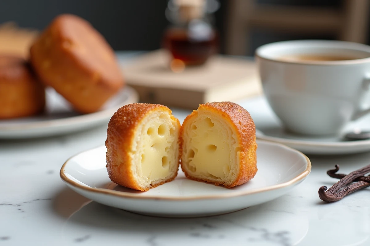Canelé coupé en deux sur une assiette blanche révélant sa mie fondante et sa croûte caramélisée, servi avec un expresso