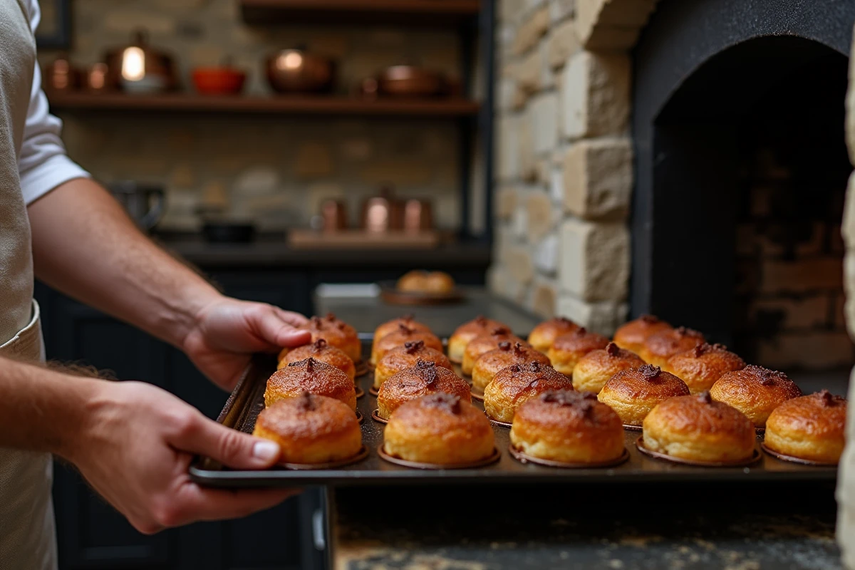 Boulanger retirant des canelés bordelais du four traditionnel dans leur moule en cuivre sur plaque de cuisson en fonte