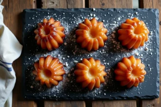 Canelés bordelais vus de dessus sur ardoise rustique, croûte caramélisée brillante et ridges cannelés bien dorés