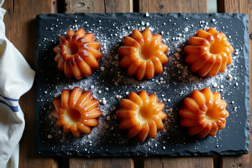 Canelés bordelais vus de dessus sur ardoise rustique, croûte caramélisée brillante et ridges cannelés bien dorés