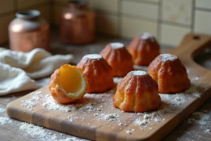 Canelés bordelais fraîchement cuits posés sur une planche en bois rustique dans une cuisine maison traditionnelle