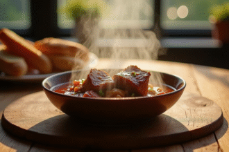 Bol de carbonade flamande vapeur sur table en bois