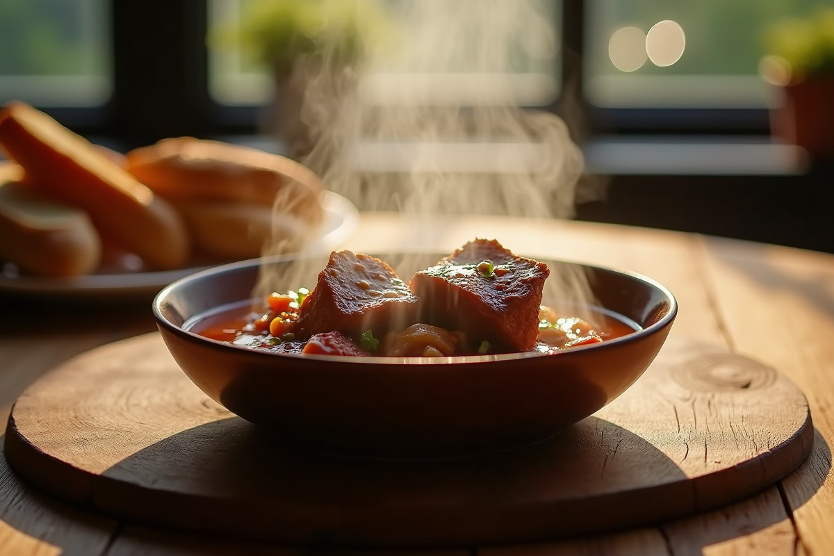 Bol de carbonade flamande vapeur sur table en bois