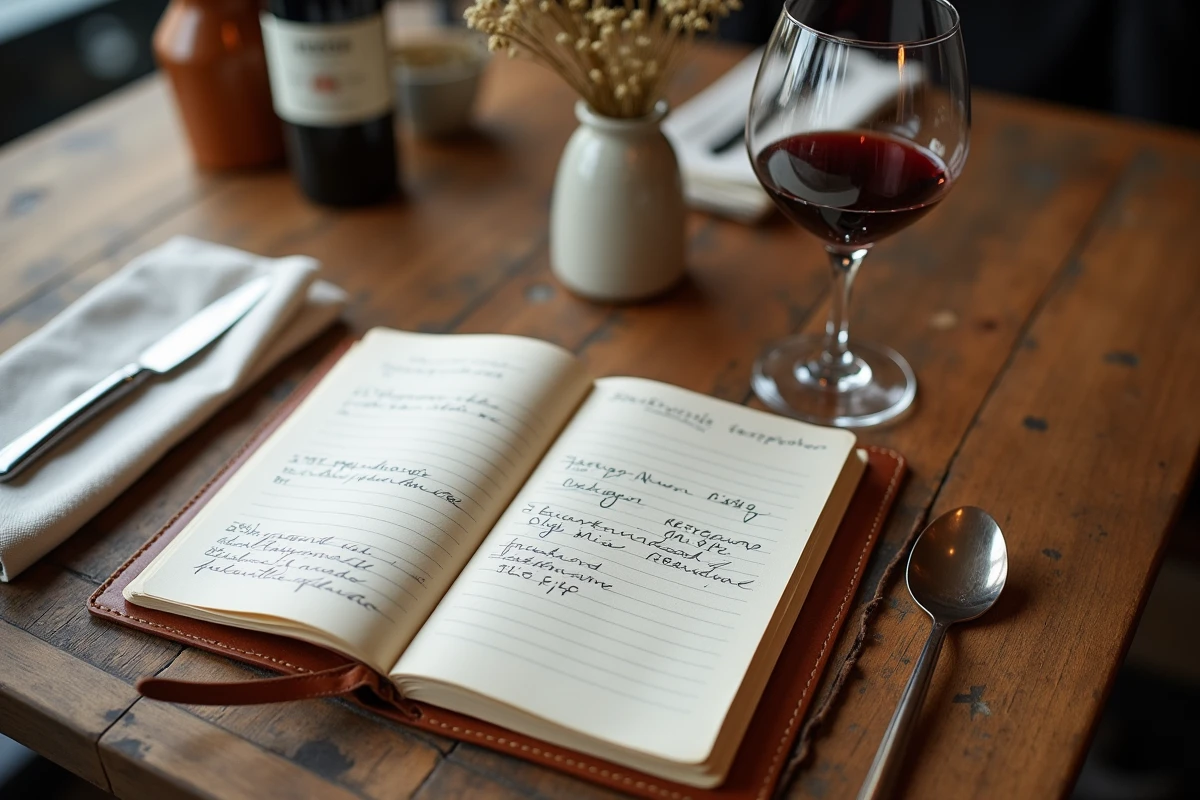 Carnet de réservation manuscrit ouvert sur un samedi soir posé sur une table de bistrot parisien