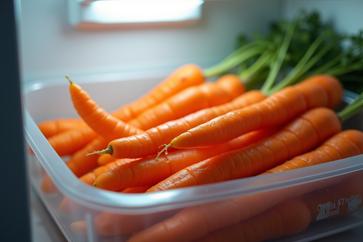 Carottes croquantes stockees dans un refrigerateur moderne