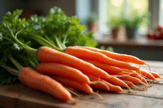Tas de carottes fraîches et fanées sur une table en bois