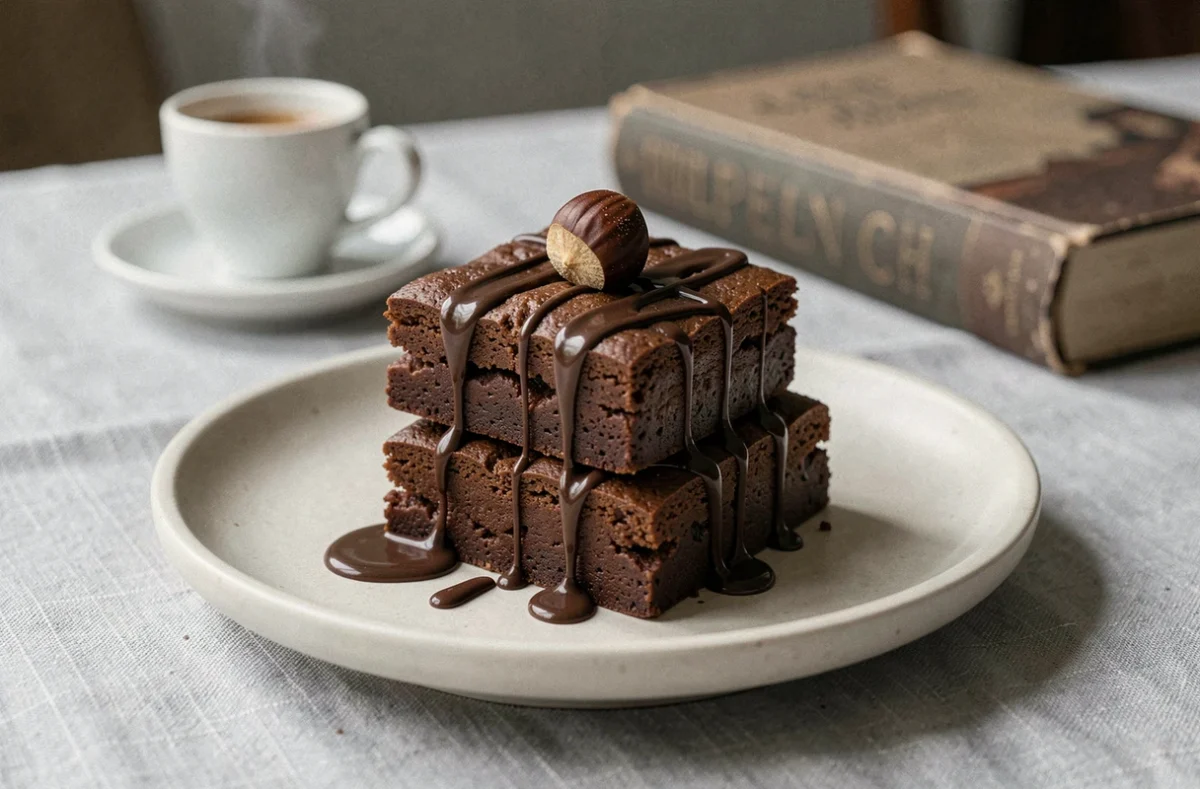 Deux carrés de brownie aux marrons empilés sur une assiette en céramique avec un marron glacé et un filet de chocolat noir, dans un café minimaliste