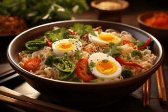 Soupe de nouilles instantanées aux saveurs asiatiques et garnitures variées