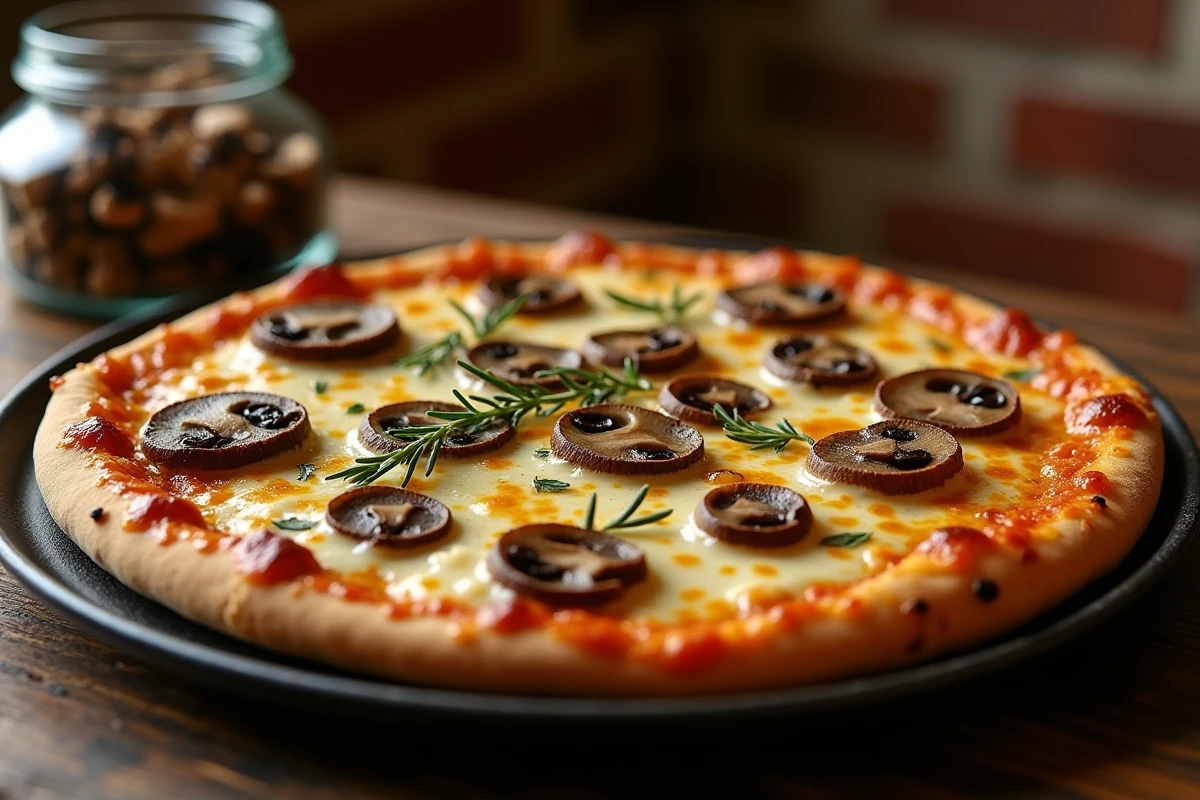 Pizza aux quatre fromages garnie de champignons porcini tranchés et dorés avec du thym frais