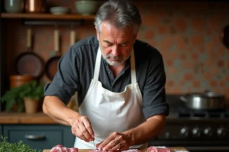 Chef assaisonnant des crépinettes crues avec du sel et des herbes fraîches sur un billot en bois dans une cuisine rustique professionnelle