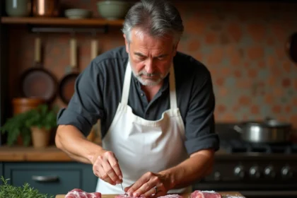 Chef assaisonnant des crépinettes crues avec du sel et des herbes fraîches sur un billot en bois dans une cuisine rustique professionnelle