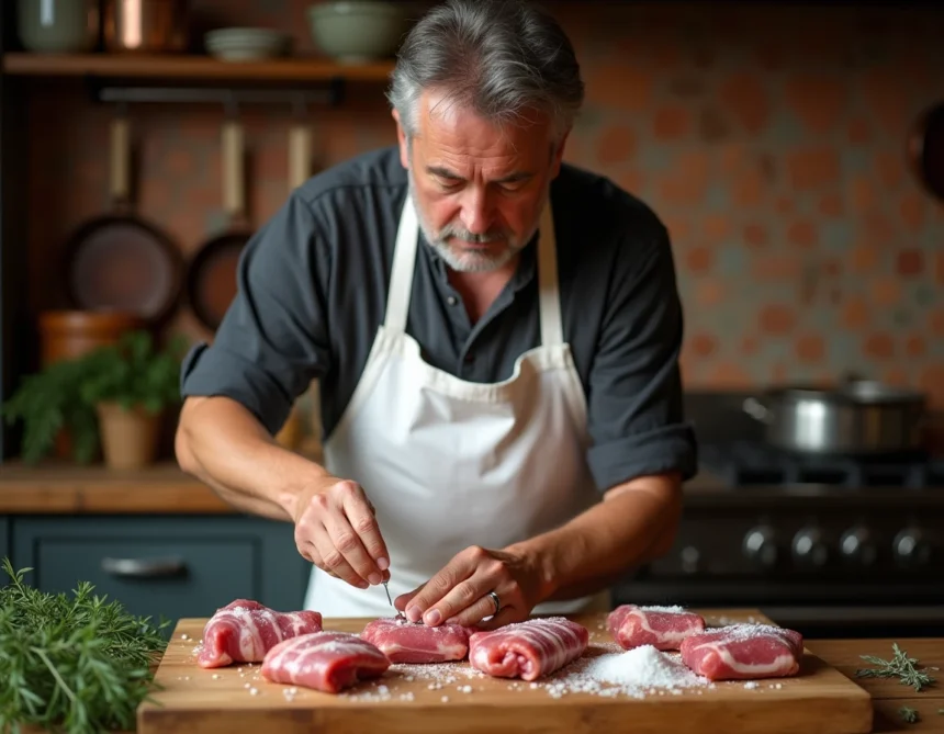 Chef assaisonnant des crépinettes crues avec du sel et des herbes fraîches sur un billot en bois dans une cuisine rustique professionnelle