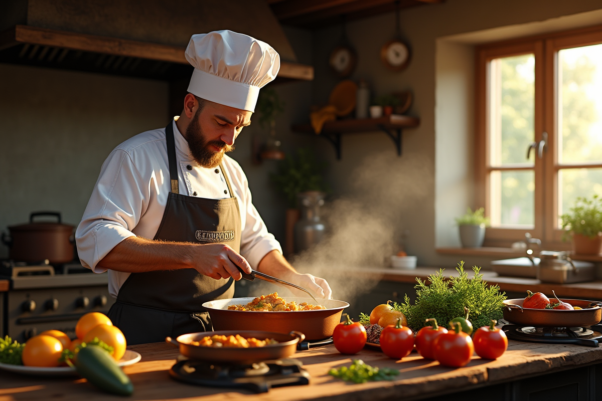 Chef français préparant ratatouille dans une cuisine chaleureuse
