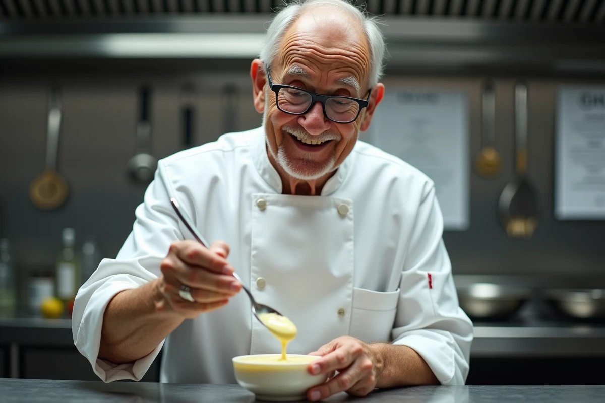 Chef âgé servant mayonnaise dans une cuisine professionnelle