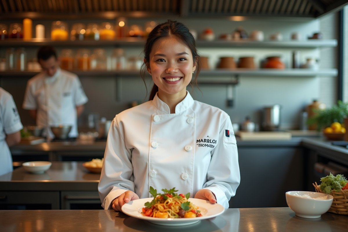Jeune chef en cuisine préparant un plat fusion
