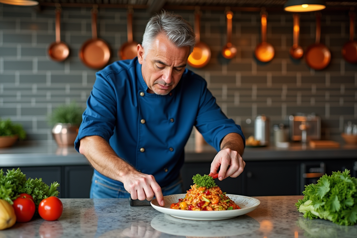 Chef en veste bleue garnissant un plat fusion dans une cuisine moderne