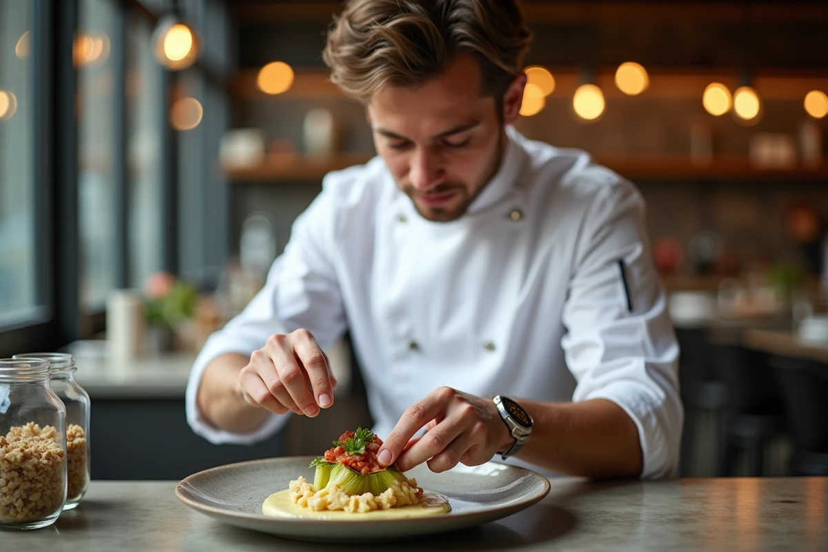 Jeune chef décorant une endive au jambon dans un restaurant