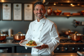Chef en cuisine étoilée tenant un plat artistique