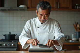 Chef japonais affûtant un couteau traditionnel japonais