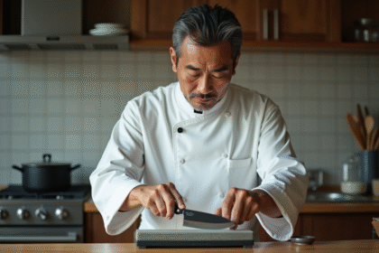 Chef japonais affûtant un couteau traditionnel japonais