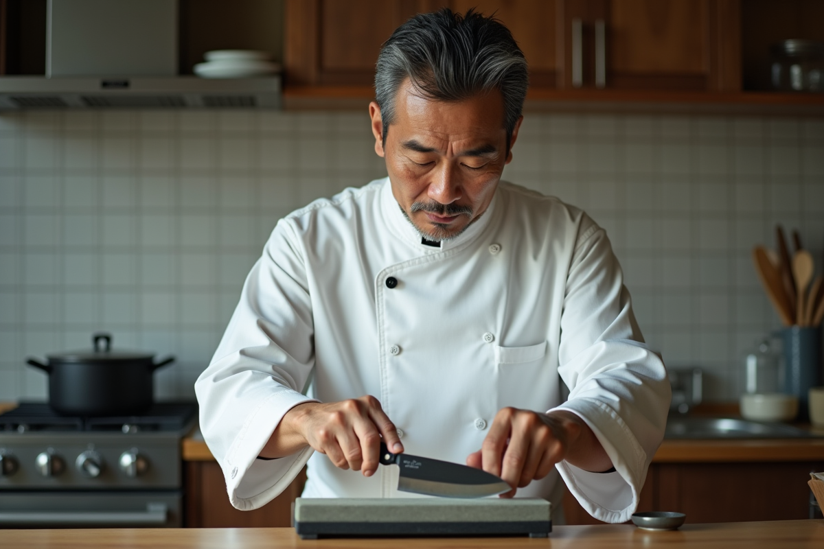 Chef japonais affûtant un couteau traditionnel japonais