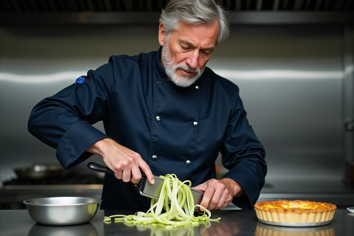 Chef professionnel utilisant une mandoline pour émincer des poireaux très fins dans une cuisine de restaurant