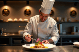 Chef Michelin en cuisine moderne préparant un plat gourmet