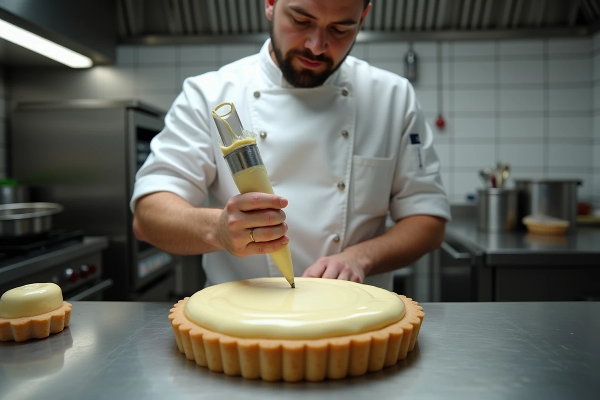 Chef pâtissier garnissant un fond de tarte en pâte brisée dorée avec de la crème pâtissière lisse et brillante dans une cuisine professionnelle