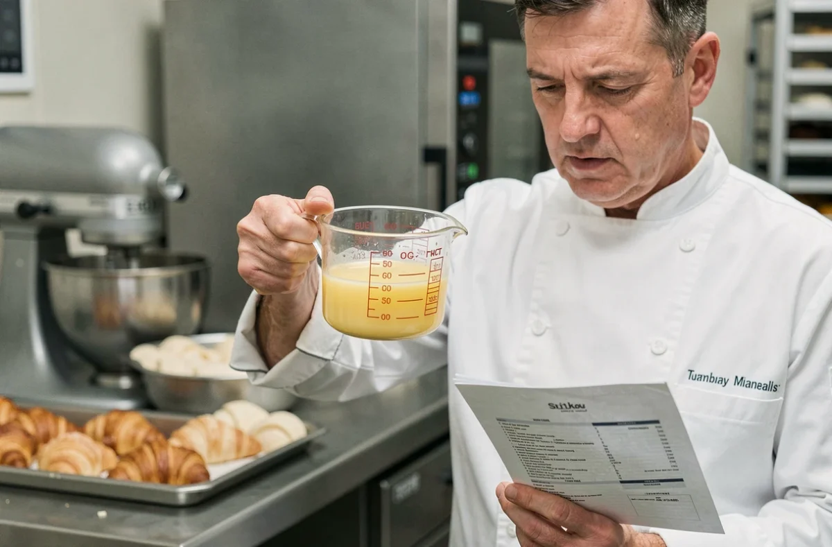 Chef pâtissier en veste blanche vérifiant le volume d'une tasse à mesurer de beurre fondu dans une cuisine professionnelle