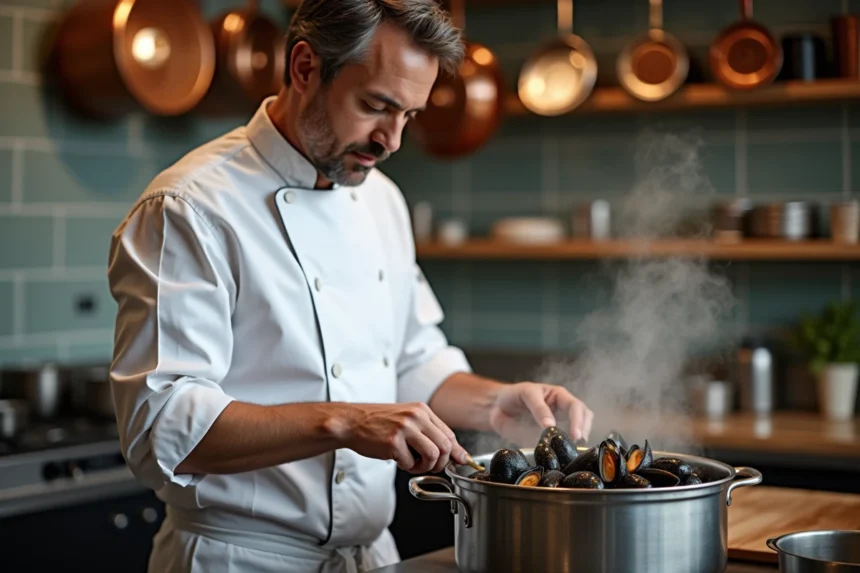 Chef professionnel préparant des moules de bouchot dans une casserole en inox dans une cuisine de restaurant moderne