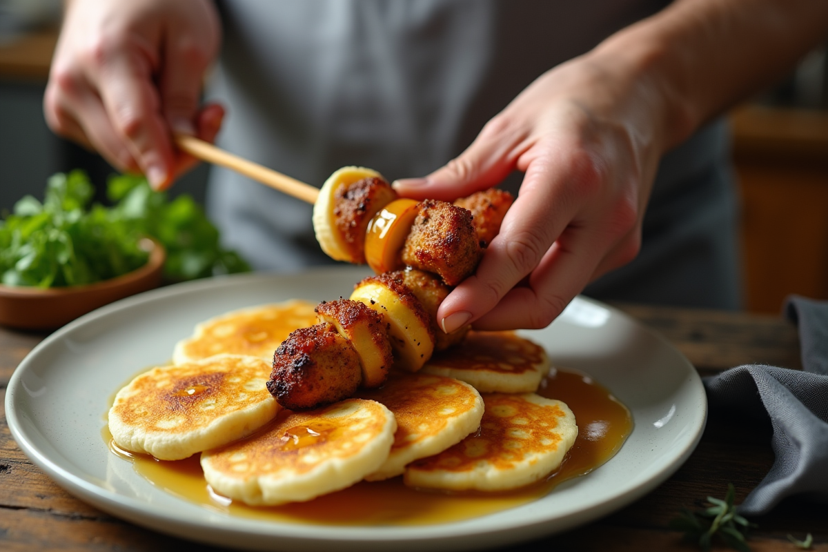 Chef préparant une brochette de banane et poulet avec pancakes