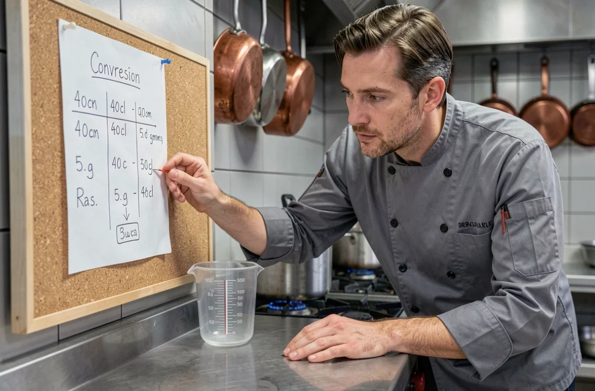 Chef cuisinier consultant un tableau de conversion cl en grammes affiché dans une cuisine professionnelle avec une carafe graduée posée sur le plan de travail