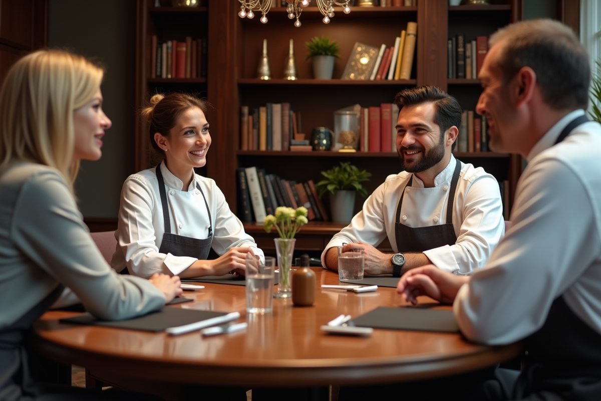 Chefs internationaux discutant autour d une table élégante