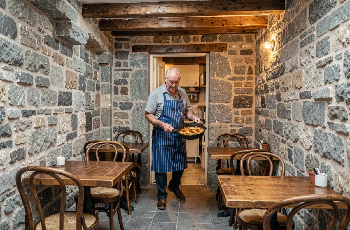 Petite salle intime de Chez Georges à Lyon avec murs en pierre apparente, poutres en bois et cuisinier portant une poêle en fonte