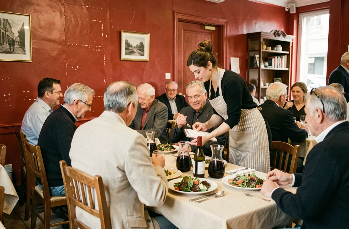 Salle conviviale de Chez Hugon à Lyon avec murs rouges, tables recouvertes de papier et serveuse prenant des commandes auprès de clients locaux