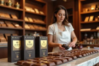 Étalage de chocolats Dubaï en boîtes dorées sur le comptoir en marbre d'une confiserie française avec étiquettes de prix en euros
