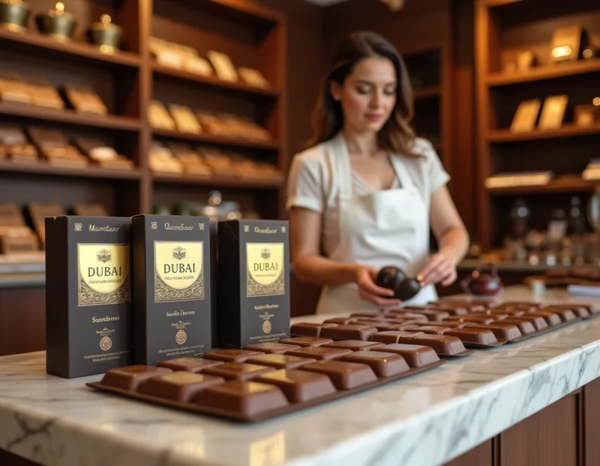 Étalage de chocolats Dubaï en boîtes dorées sur le comptoir en marbre d'une confiserie française avec étiquettes de prix en euros