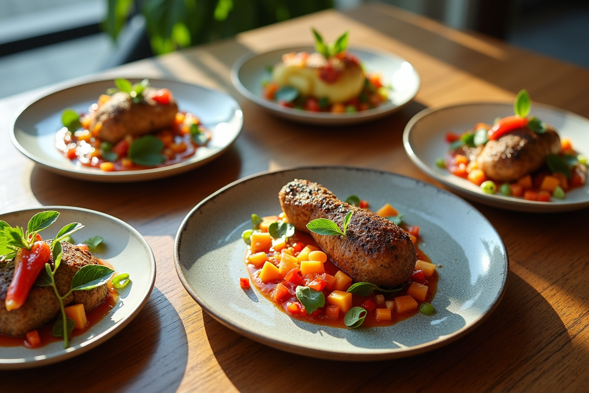 Cinq assiettes de civet de lapin avec légumes colorés