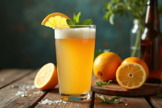 Verre de cocktail IPA rafraichissant avec citron et herbes