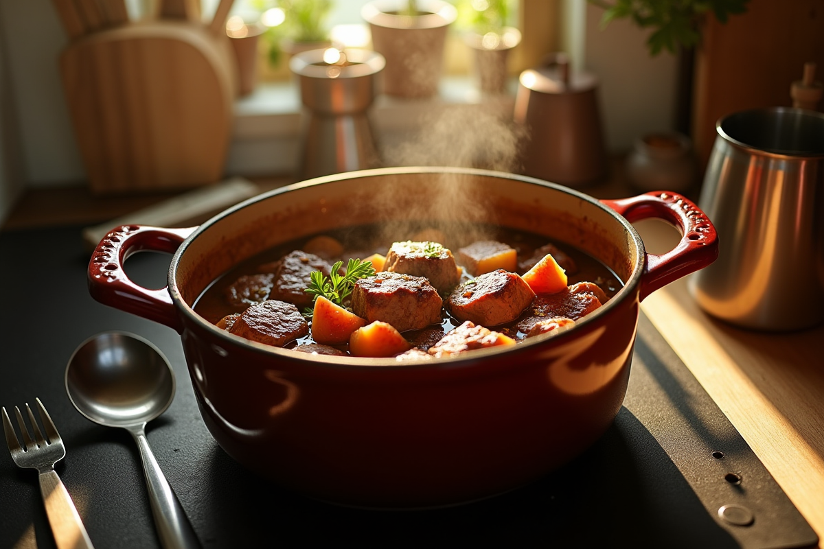 Cocotte ouverte avec carbonade flamande en cuisine