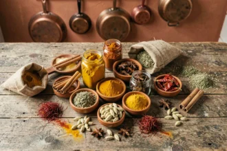 Collection d'épices exotiques en bocaux et bols céramiques sur une table en bois rustique, vue du dessus