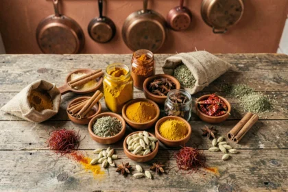 Collection d'épices exotiques en bocaux et bols céramiques sur une table en bois rustique, vue du dessus