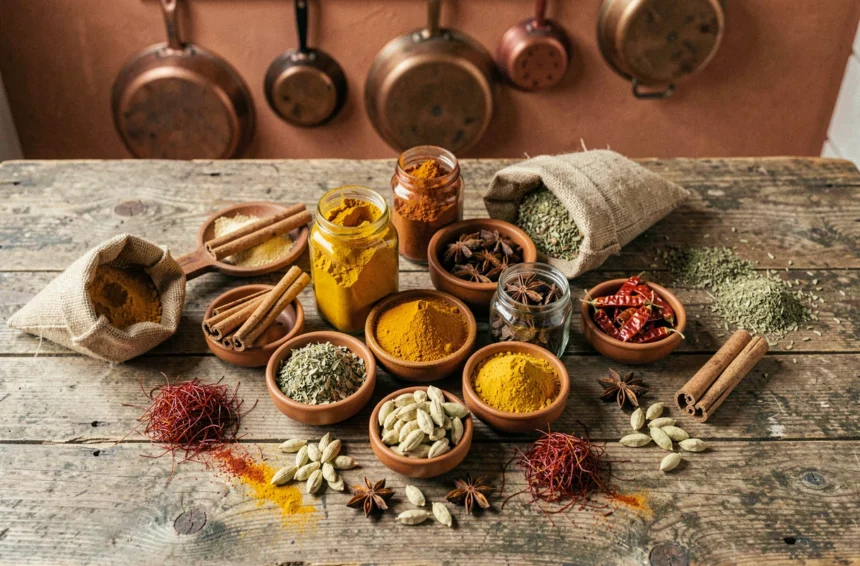 Collection d'épices exotiques en bocaux et bols céramiques sur une table en bois rustique, vue du dessus