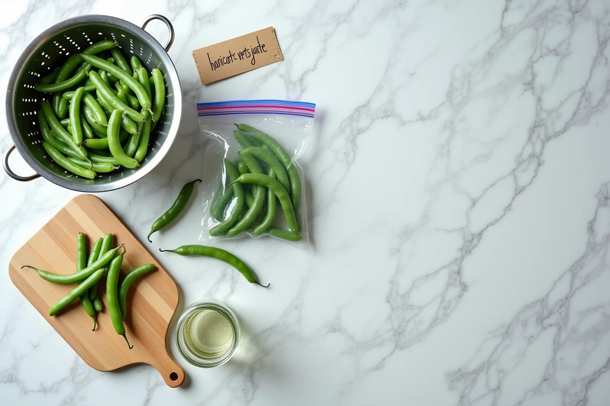 Vue de dessus comparaison entre sac congélation et bocal en verre pour conserver des haricots verts frais