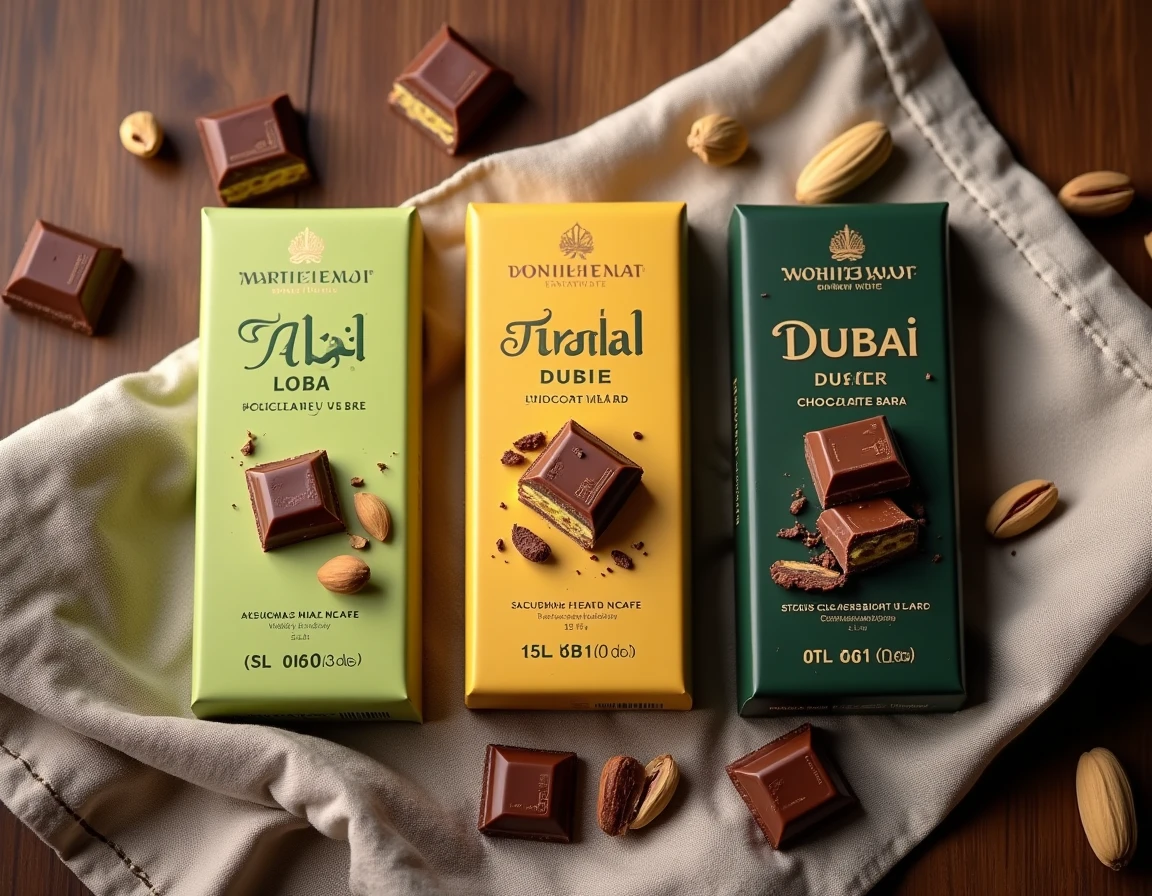 Comparatif de trois barres de chocolat Dubaï de grandes enseignes françaises côte à côte avec prix et détails de remplissage pistache