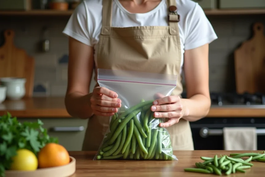 Femme remplissant un sac congélation avec des haricots verts frais dans une cuisine rustique en bois