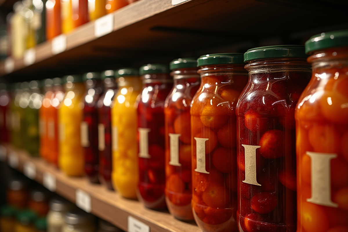 Conserves de fruits en bocaux rangés dans une cave avec lumière douce