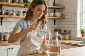Femme versant 40 cl de liquide dans une carafe d'un litre sur un plan de travail en bois, conversion de centilitres en litres en cuisine