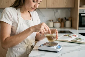 Femme versant 40 cl de liquide dans une balance de cuisine numérique affichant les grammes sur un plan de travail en marbre blanc