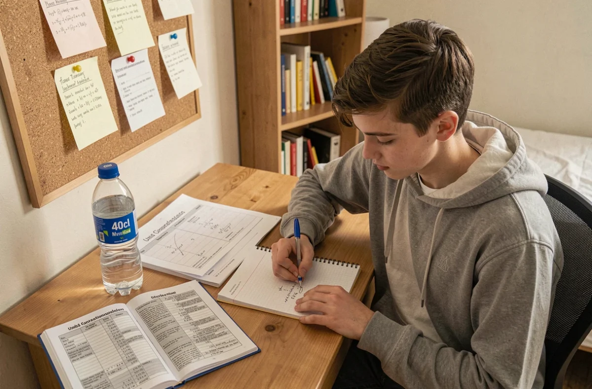 Étudiant faisant ses devoirs avec une bouteille de 40 cl et un tableau de conversion centilitres en litres sur un bureau en bois